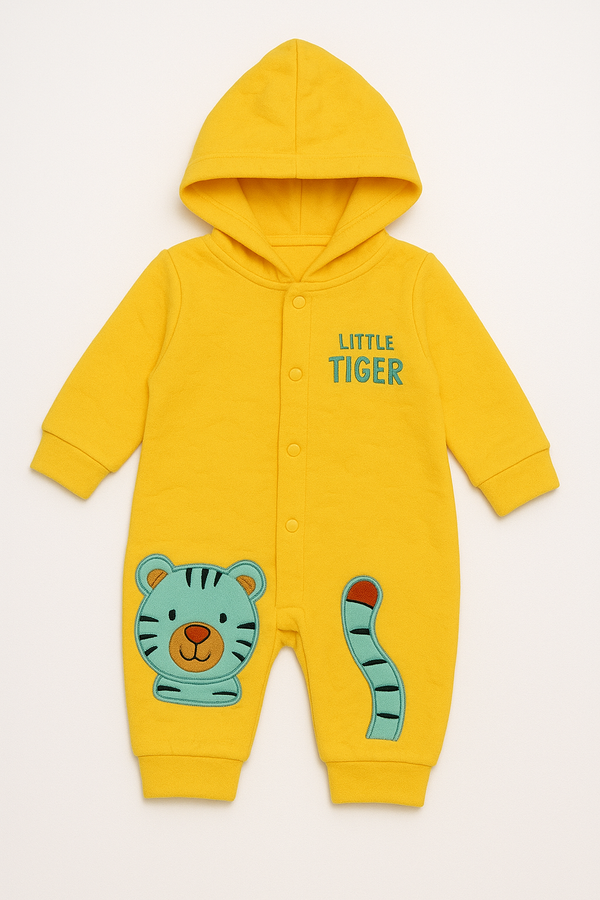 Cute Baby Hooded Romper with tiger embroidery, soft warm fabric, and easy snap buttons. Available in 3 colors – mint green, yellow, and sky blue.